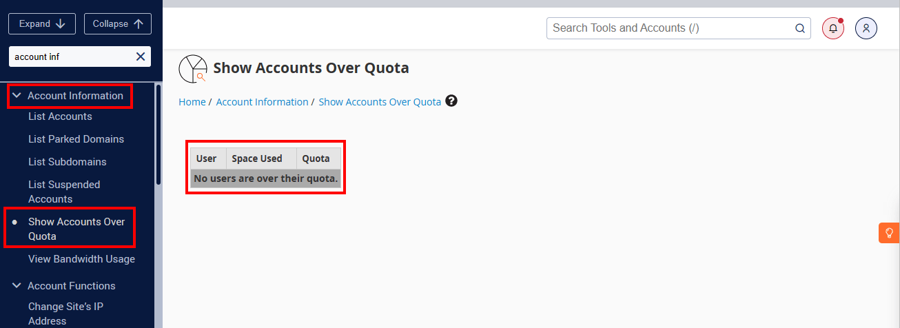 cPanel accounts over quota