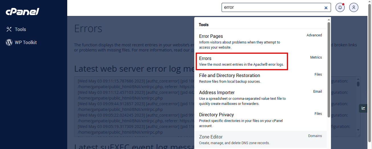 cPanel error logs