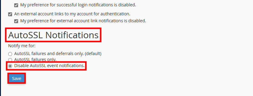 disable autossl notification in cpanel