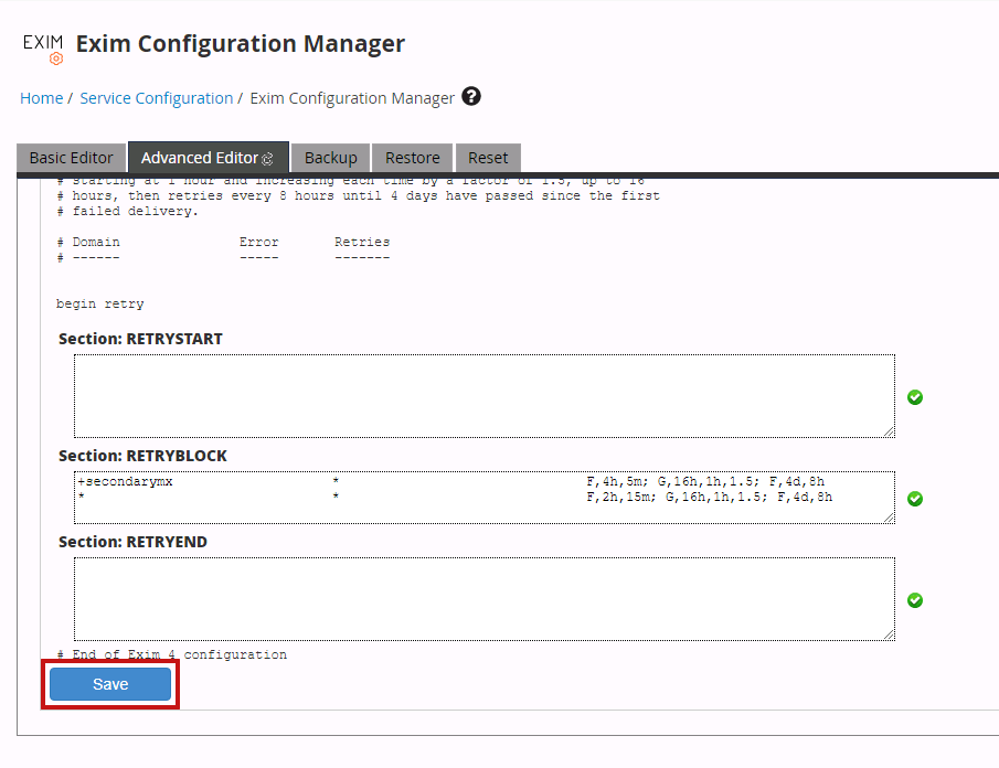 save exim configuration