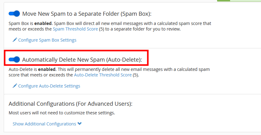 activate spam filter auto delete