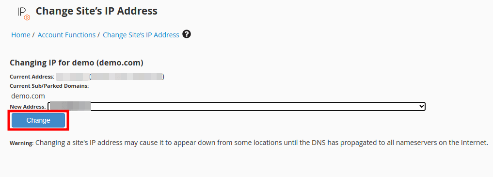 whm change ip address of domain