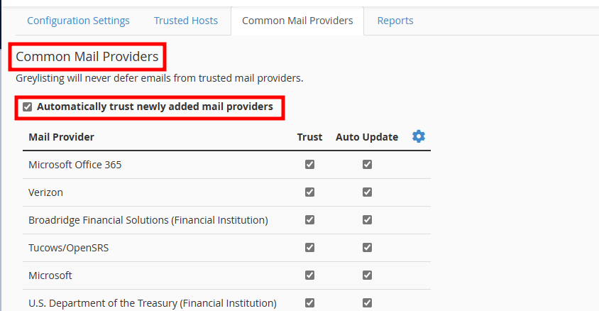 whm greylisting comman mail providers