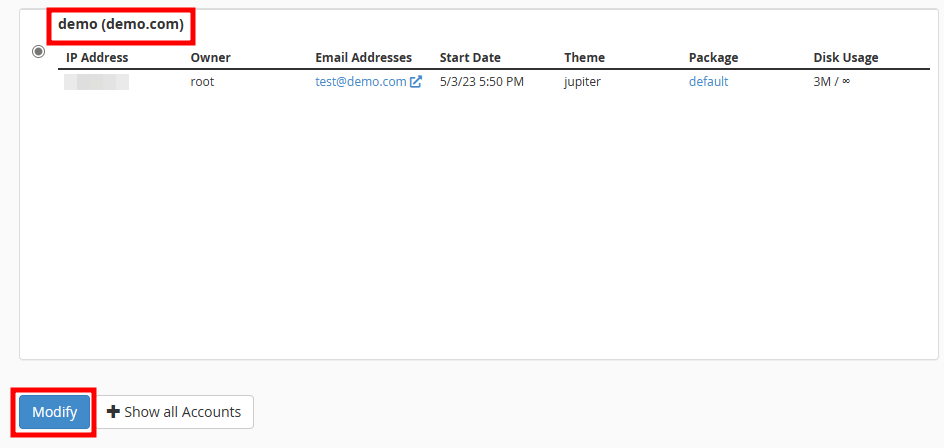 whm account disk modify