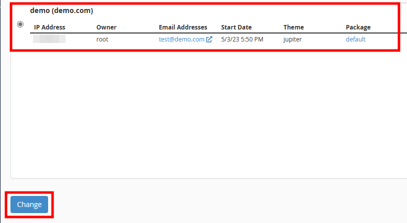 whm select domain to change ip