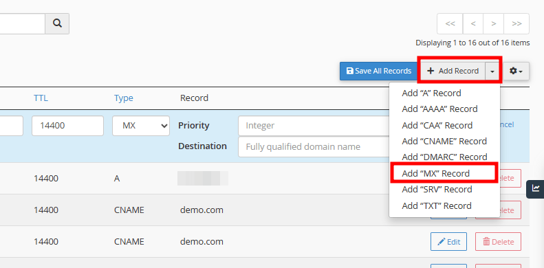 cpanel domain add new mx