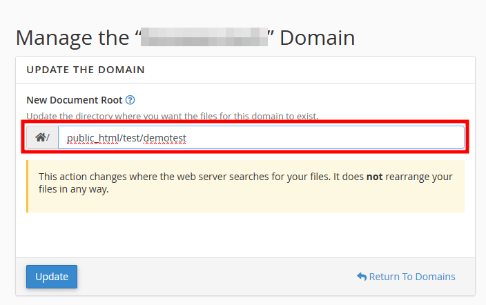 cpanel domain new path