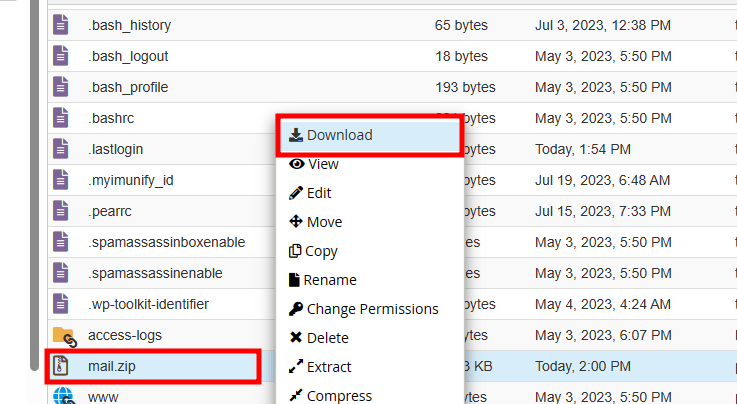 cpanel download compress mail