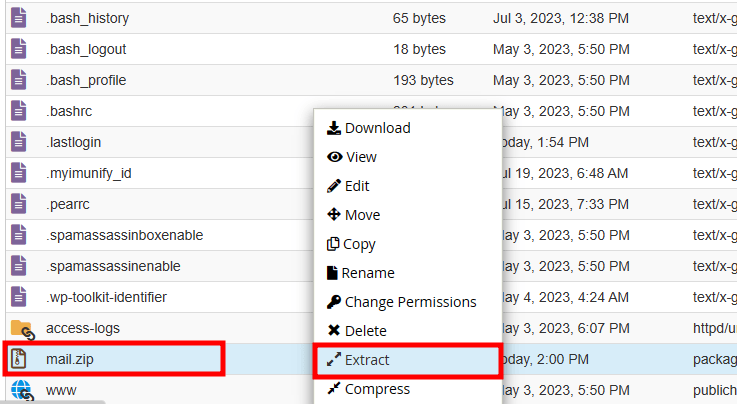 cpanel extract mail zip file