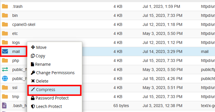 cpanel mail folder compress