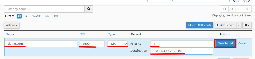 cpanel mx record values