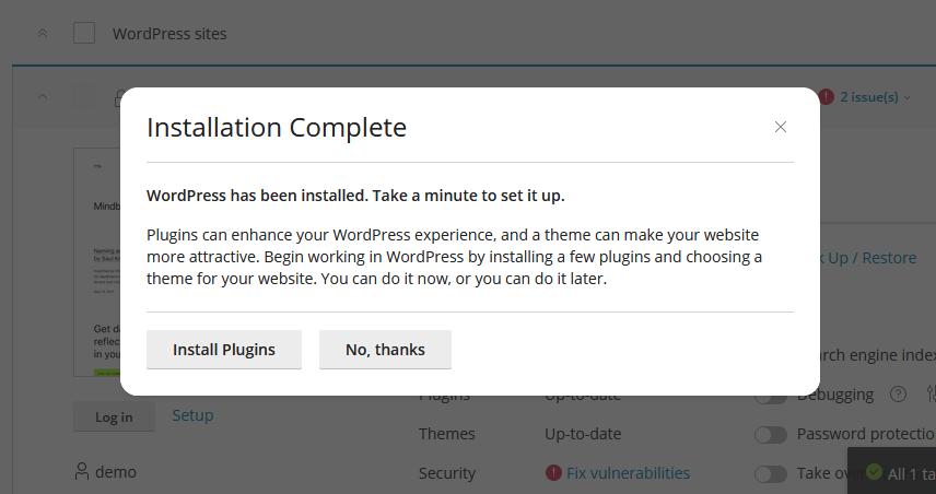 cpanel wordpress installation complete