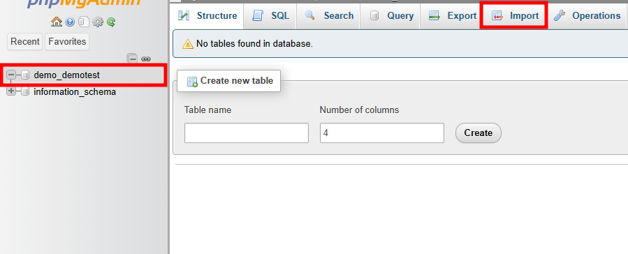 phpmyadmin import or restore database