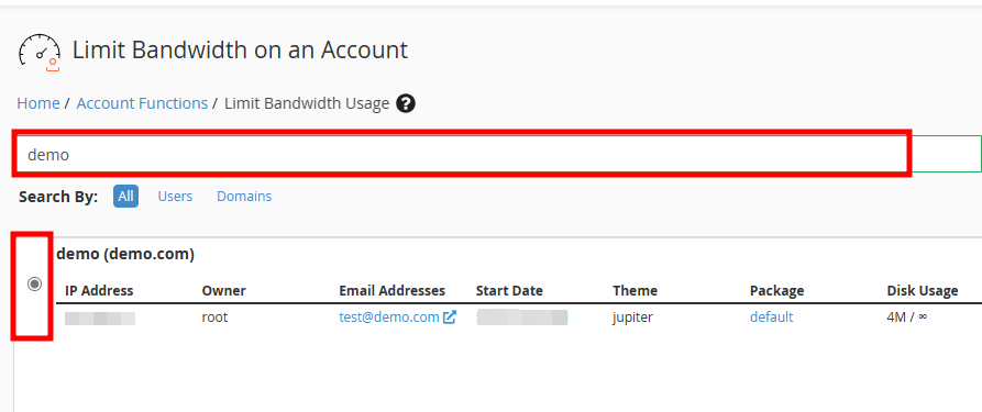 whm bandwidth account