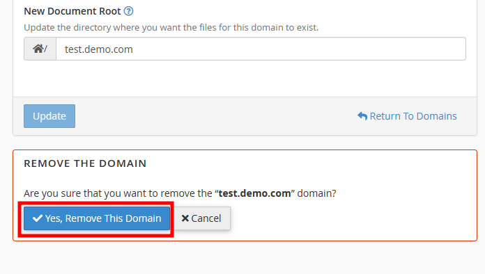 cpanel confirm subdomain deletion