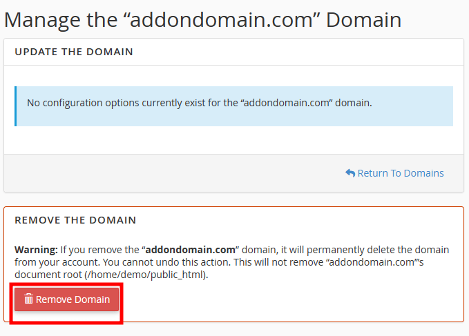 cpanel remove addon domain