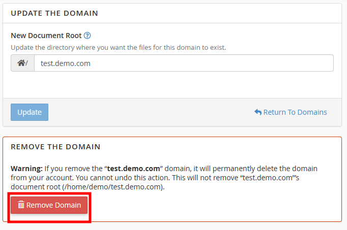 cpanel remove subdomain