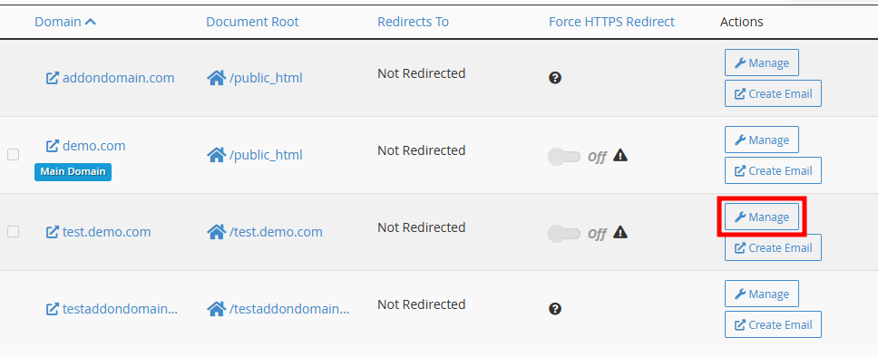 cpanel subdomain manage