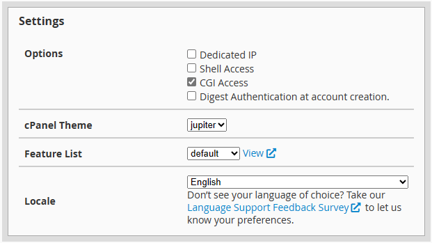 whm package settings