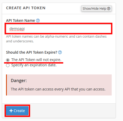 cpanel create api token