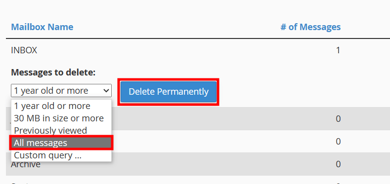 cpanel permanently remove emails