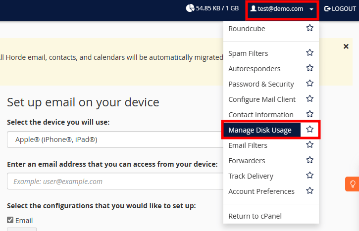 cpanel email manage disk