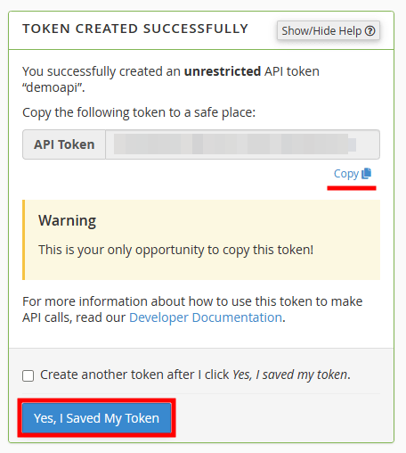 cpanel saved token